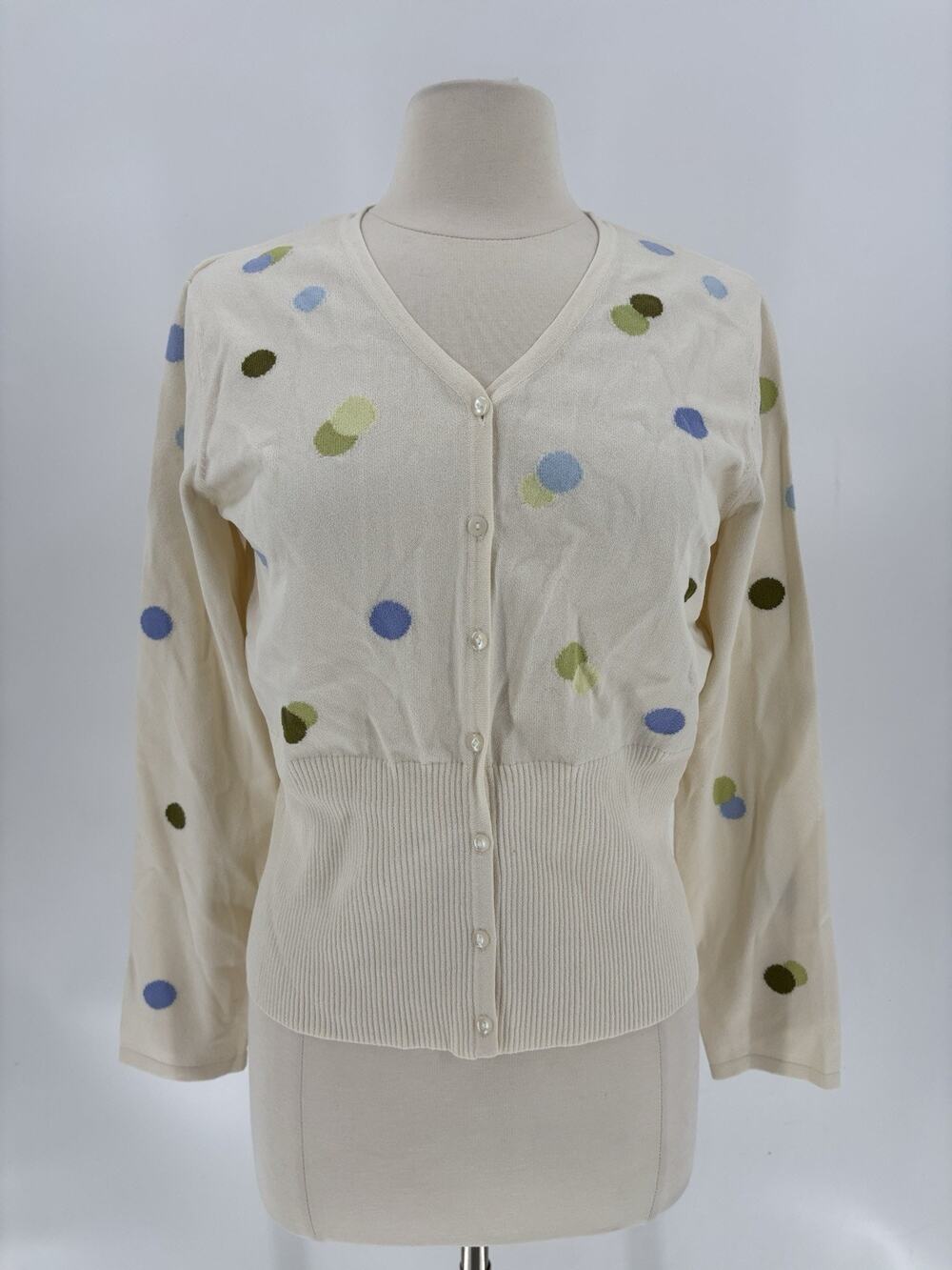 Vintage Talbots Cardigan Sweater Womens Large Ivory Polka Dot Buttons V Neck